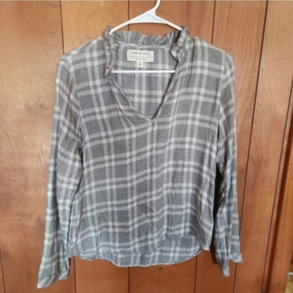 Anthropologie Cloth and Stone Gray Plaid Flannel Ruffle Neck Top Size XXS - Picture 1 of 2